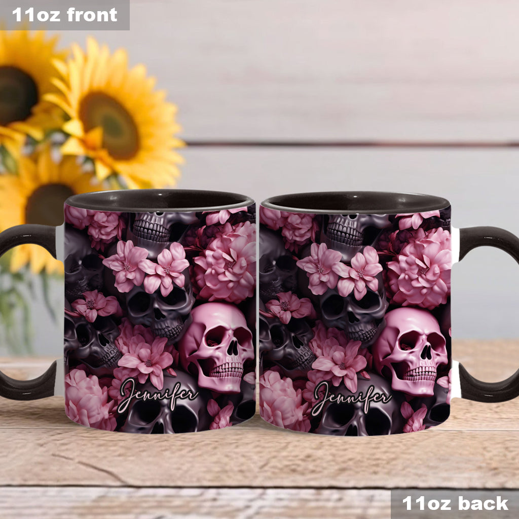 Pink Flowers Black Skulls - Personalized Skull Accent Mug