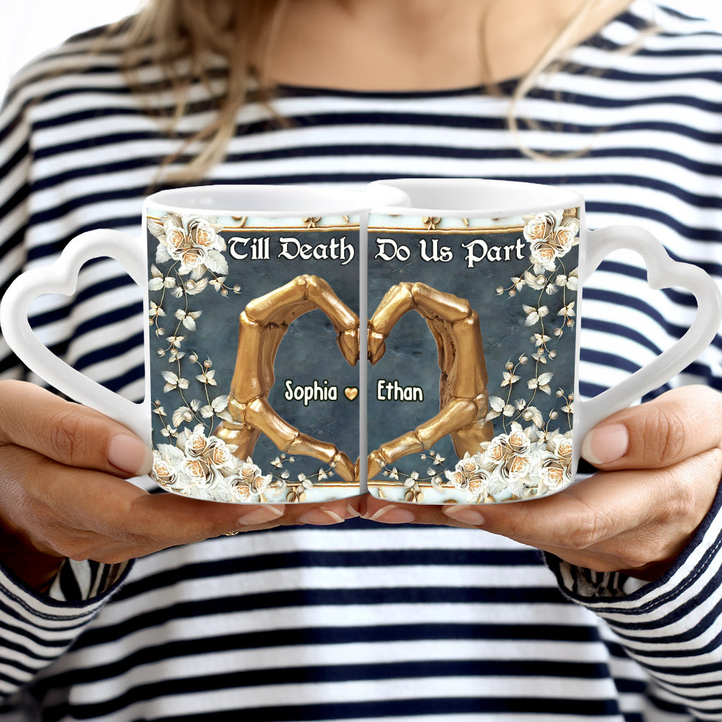 Jusqu'à ce que la mort nous sépare - Mug personnalisé avec anse en forme de cœur et tête de mort assortie