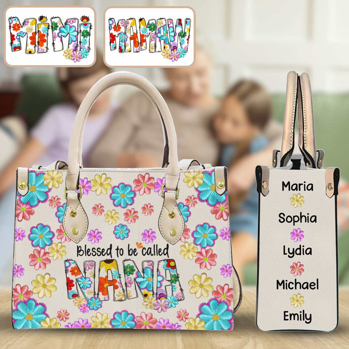 Sac à main en cuir personnalisé « Bénie d'être appelée Nana » à motif floral