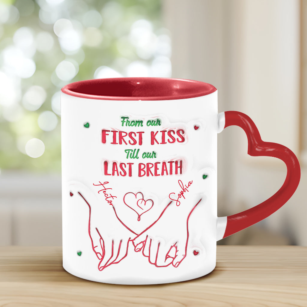 De notre premier baiser à notre dernier souffle - Mug personnalisé pour couple avec anse en forme de cœur