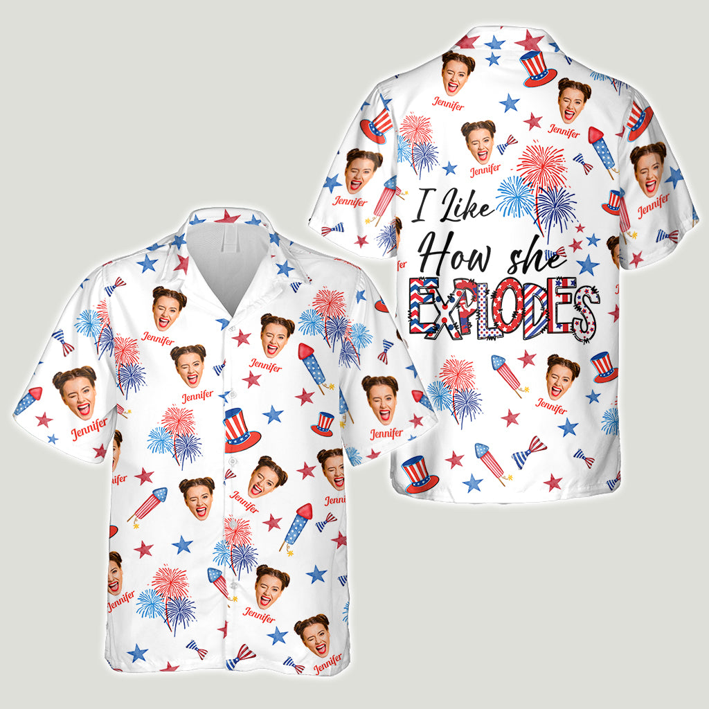 I Like How She Explodes, I Like How He Bangs - Personalized Couple Hawaiian Shirt