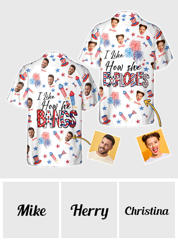 I Like How She Explodes, I Like How He Bangs - Personalized Couple Hawaiian Shirt