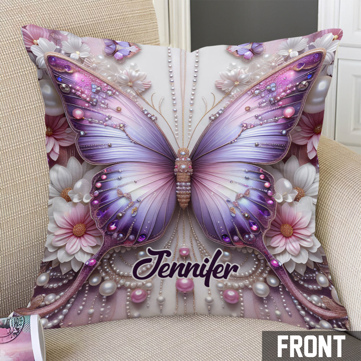 Coussin décoratif papillons violets personnalisé