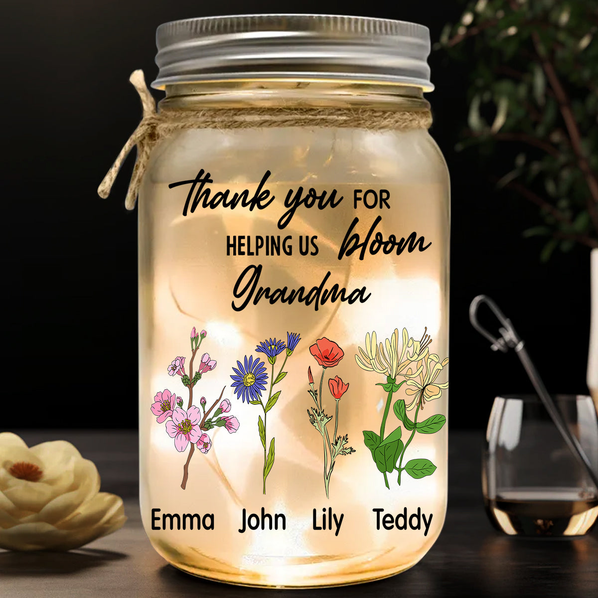 Merci de nous avoir aidés à nous épanouir - Lampe personnalisée pour bocal Mason « Grand-mère »