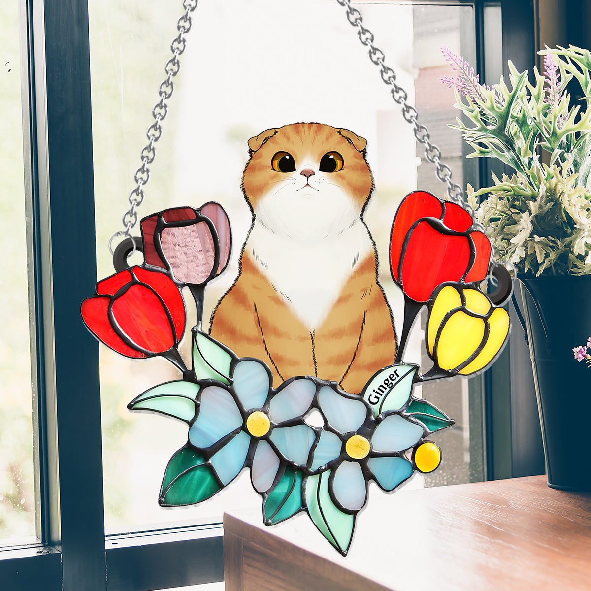 Chat parmi les fleurs - Décoration attrape-soleil personnalisée à suspendre à la fenêtre - Chat 