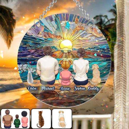 Happy Couple Enjoying Romantic Beach - Personalized Family Window Hanging Suncatcher Ornament