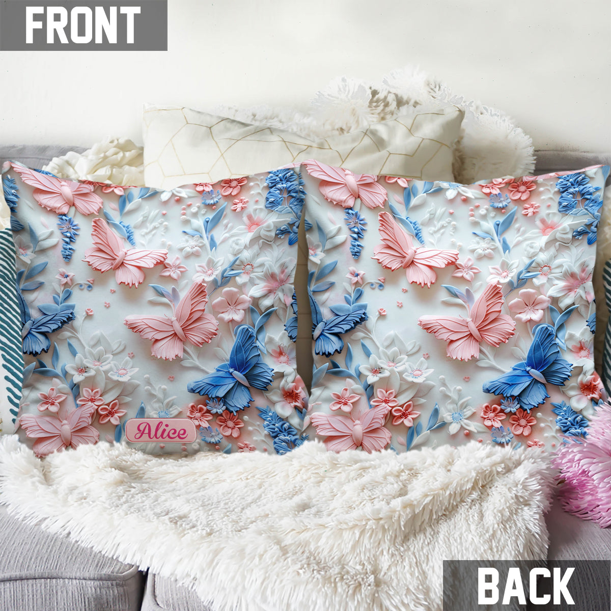 Coussin décoratif papillons roses et bleus personnalisé