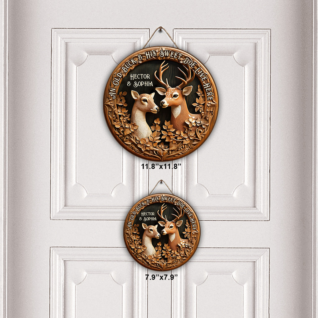 Vieux cerf et douce biche - Panneau rond en bois personnalisé pour la chasse