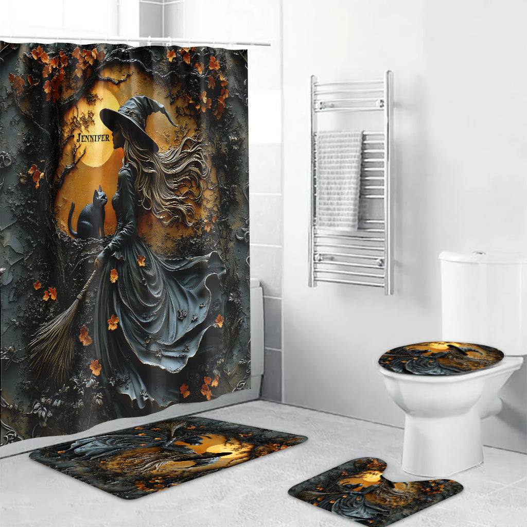 Beautiful Witch & Her Black Cat - Personalized Witch Bathroom Curtain & Mats Set