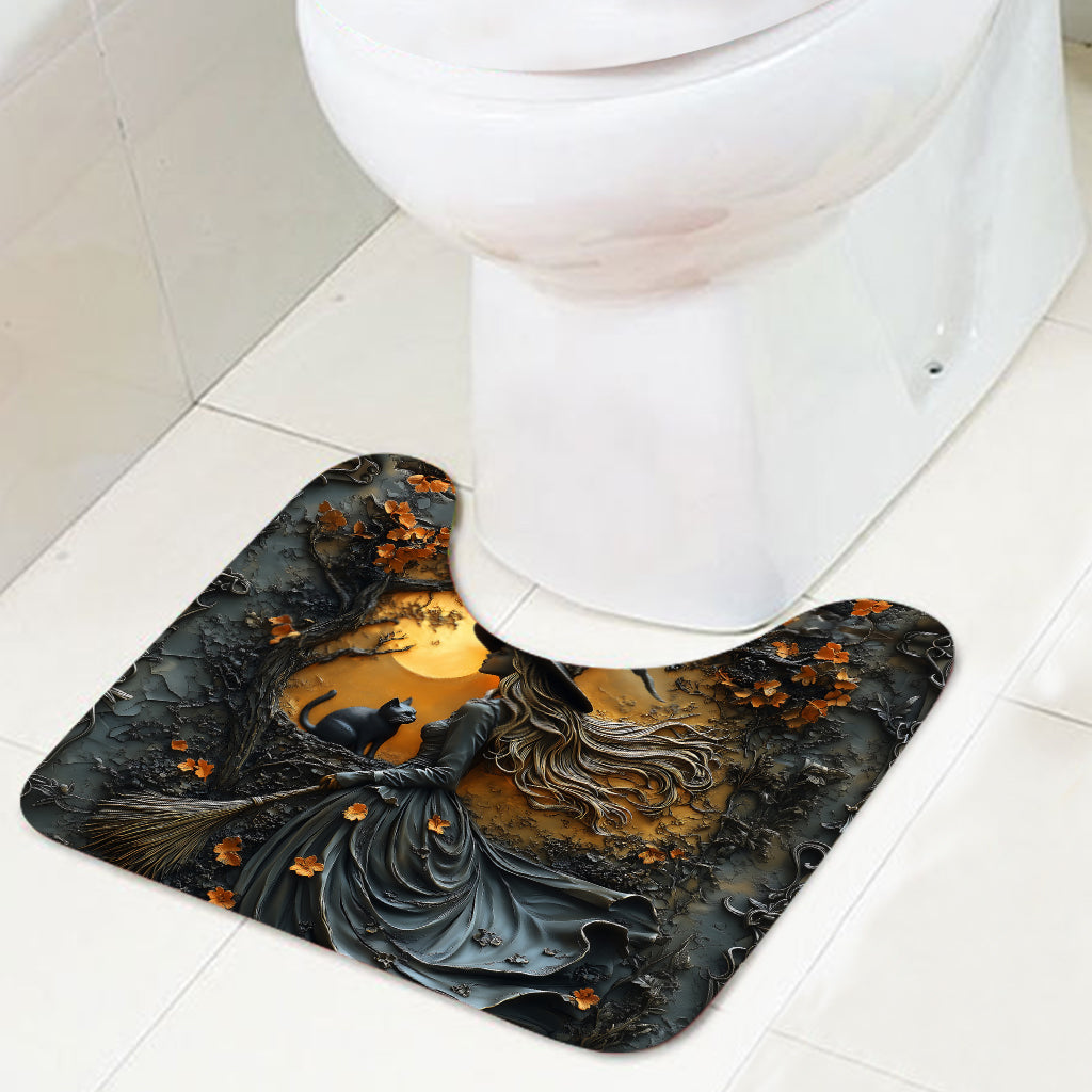 Beautiful Witch & Her Black Cat - Personalized Witch Bathroom Curtain & Mats Set