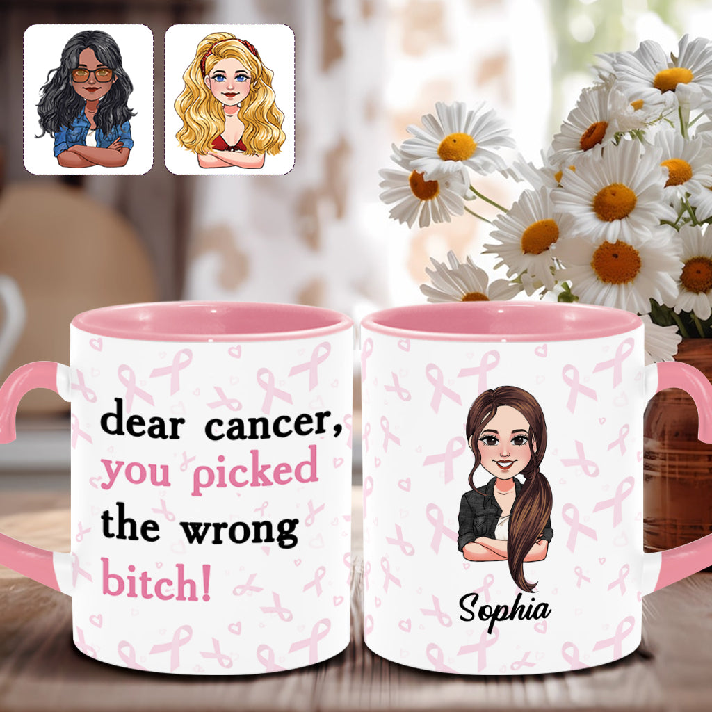 Dear Cancer You Picked The Wrong Bitch - Personalized Breast Cancer Awareness Heart Handle Mug