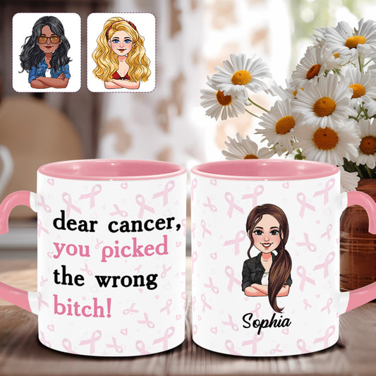 Cher cancer, tu as choisi la mauvaise personne - Mug personnalisé avec anse en forme de cœur pour la sensibilisation au cancer du sein