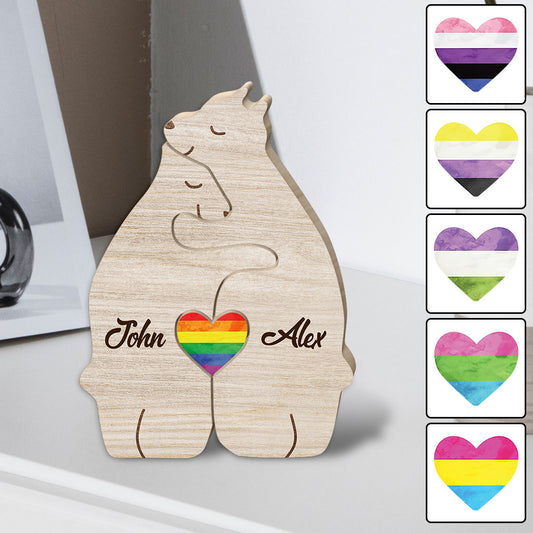 L'amour triomphe - Oursons câlins - Drapeau de la fierté personnalisé - Puzzle en bois en forme de drapeau LGBT - Soutien personnalisé à la communauté LGBT