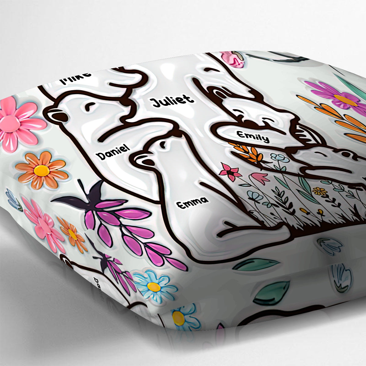 Coussin décoratif personnalisé « Maman ours câlinant ses petits » style floral