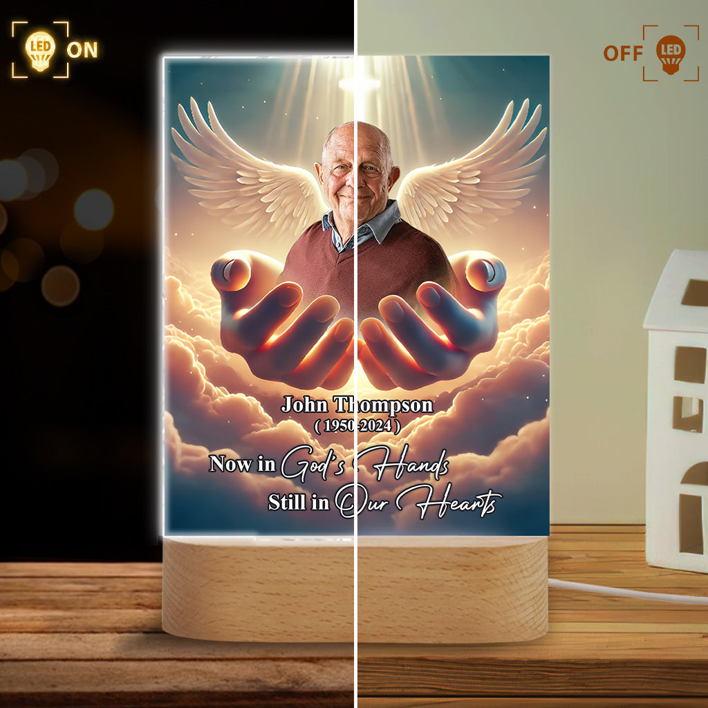 Now in God's hands Still in our hearts - Personalized Memorial Shaped Plaque Light Base