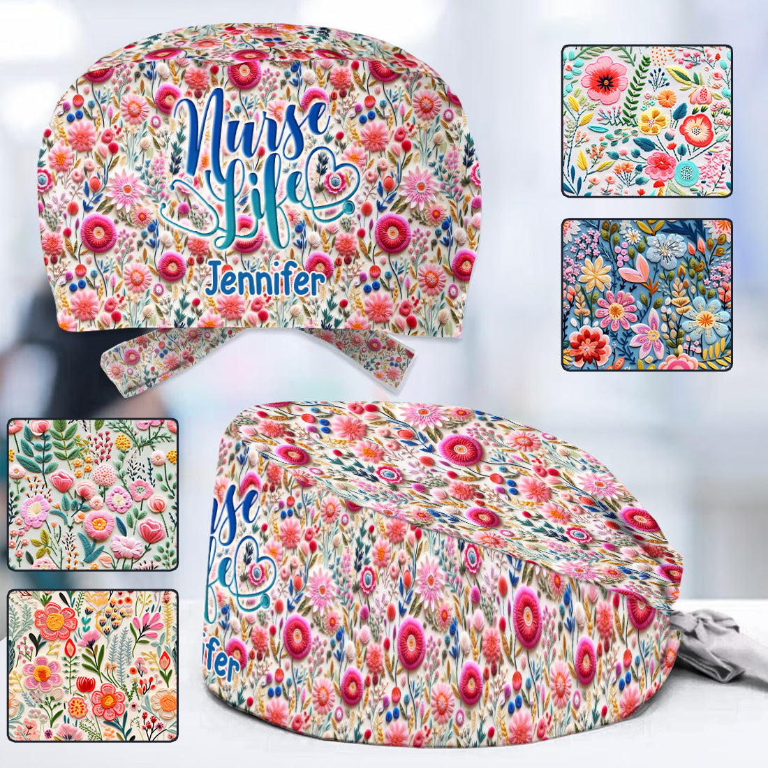 Style floral pour infirmière - Bonnet de bloc opératoire personnalisé