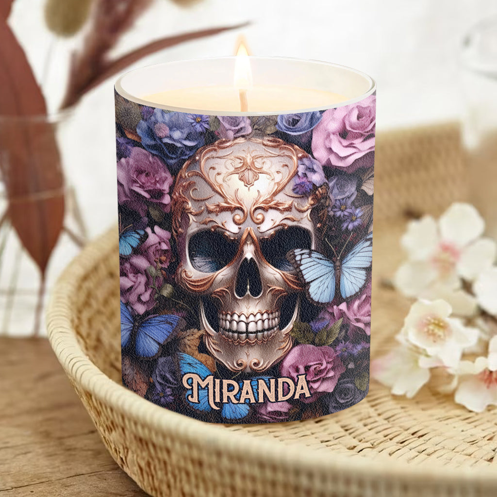 Beauté des ténèbres Crâne Roses Papillons - Bougie personnalisée en forme de crâne avec couvercle en bois