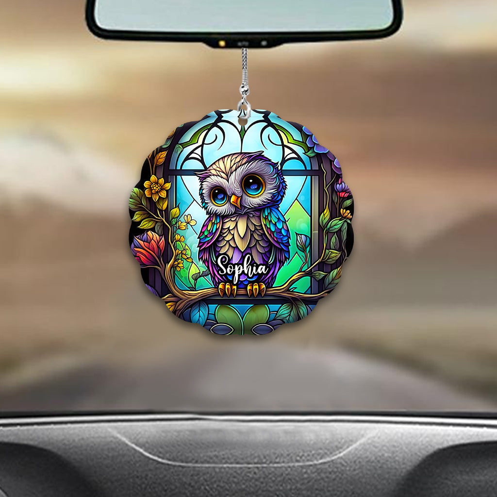 Cute Owl Stained Glass - Personalized Owl Custom Shaped Car Ornament