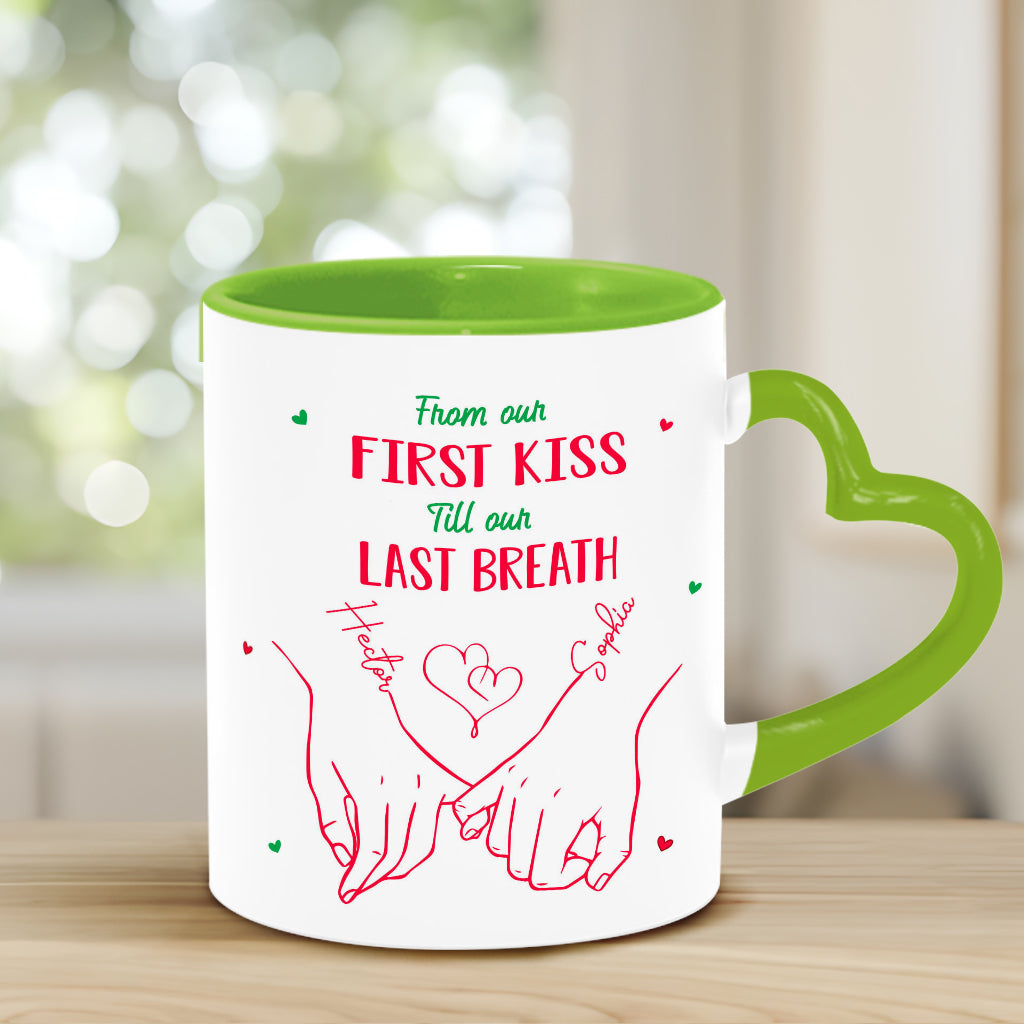 De notre premier baiser à notre dernier souffle - Mug personnalisé pour couple avec anse en forme de cœur