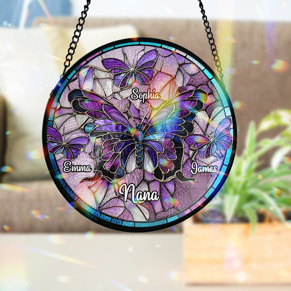 Nana Beautiful Butterfly - Titre au choix - Attrape-soleil en vitrail personnalisé pour grand-mère