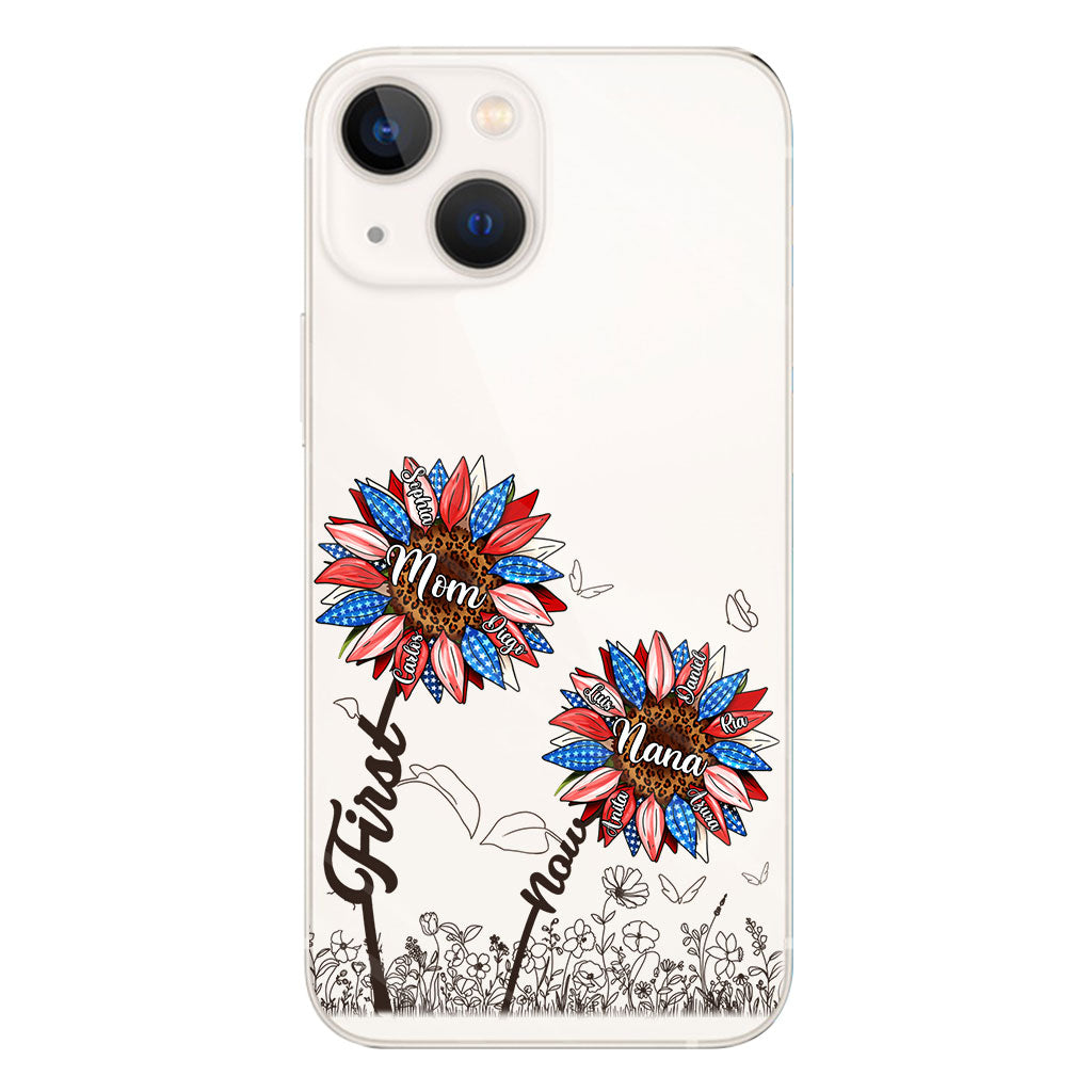 Première maman, maintenant grand-mère - Version Tournesol - Coque de téléphone transparente personnalisée pour grand-mère