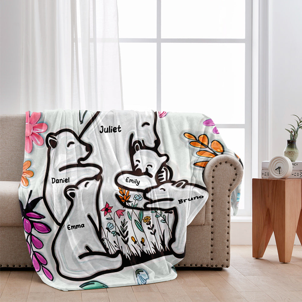 Couverture personnalisée « Maman ourse câlinant ses petits » style floral