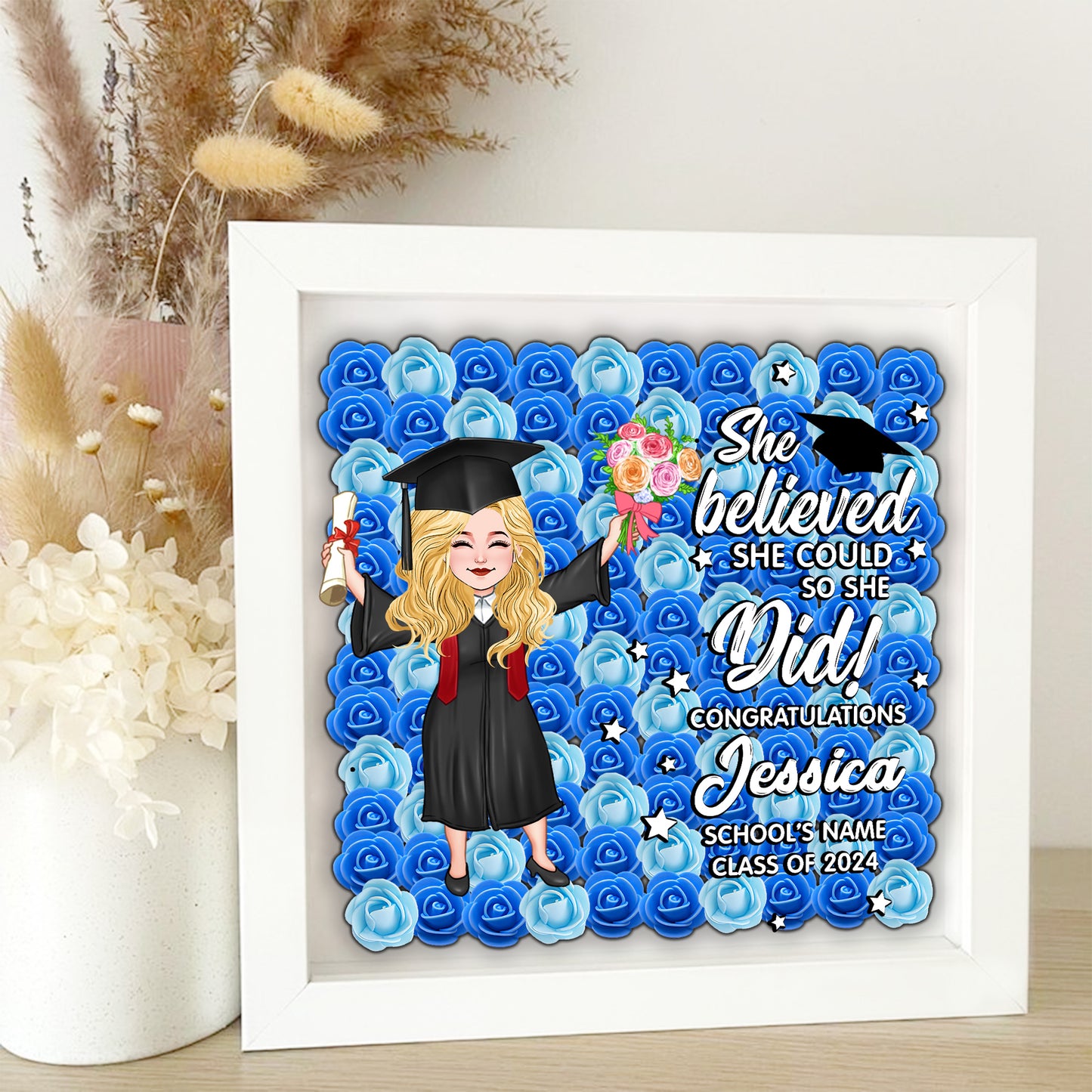 She Believed She Could So She Did - Personalized Graduation Custom Shaped Flower Shadow Box