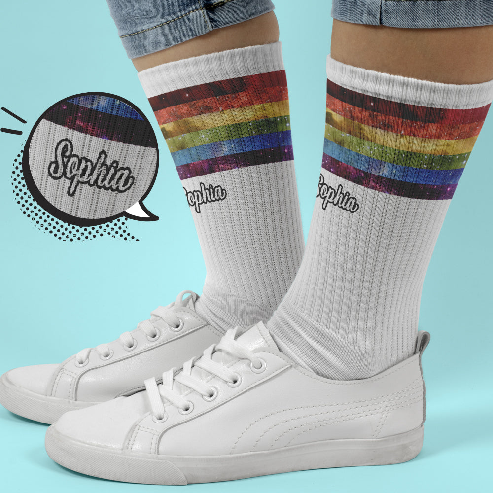 Chaussettes personnalisées de soutien LGBT « Pride Rainbow Galaxy »