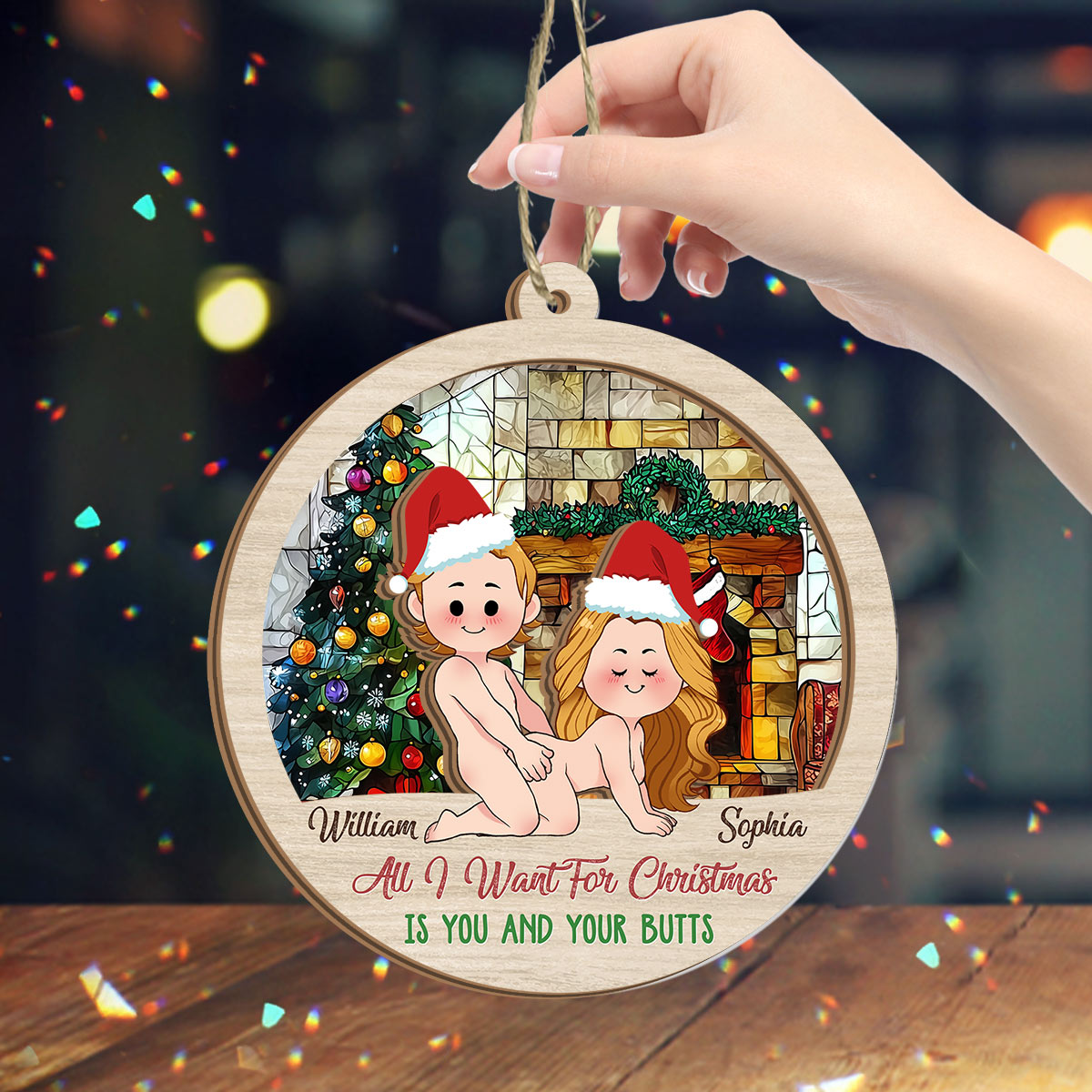 Tout ce que je veux pour Noël, c'est toi et tes fesses - Attrape-soleil personnalisé pour couple, à 2 couches, à suspendre à la fenêtre