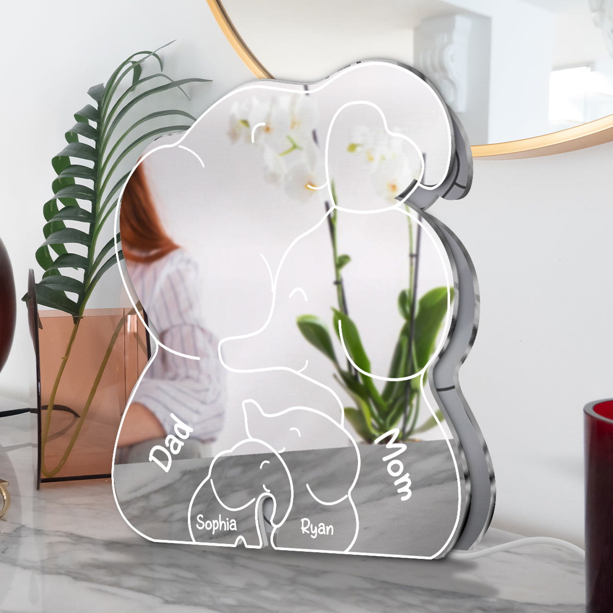 Famille Éléphants - Miroir Lumineux Personnalisé pour la Famille 