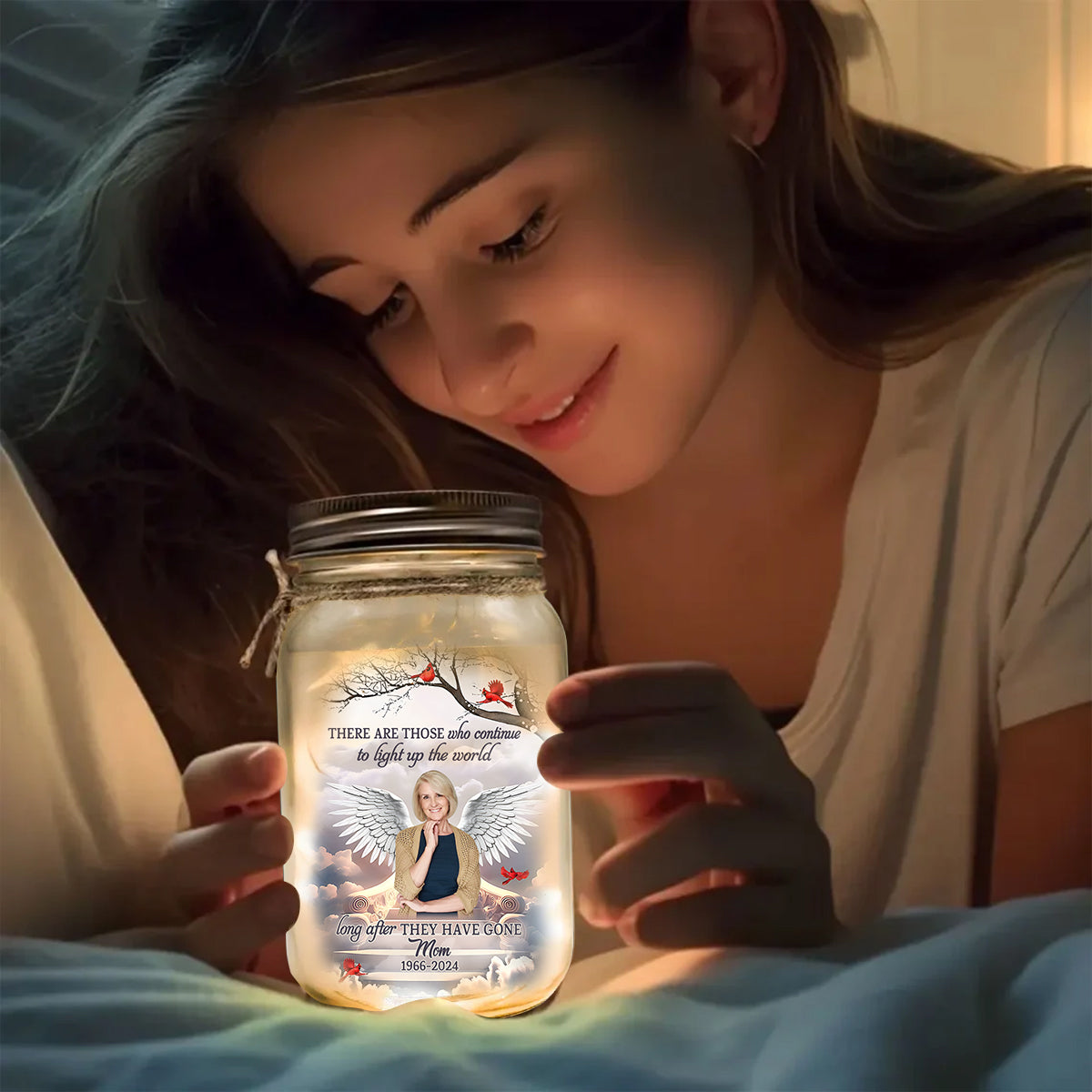 Illuminez le monde - Cadeau de condoléances personnalisé - Bocal Mason lumineux commémoratif