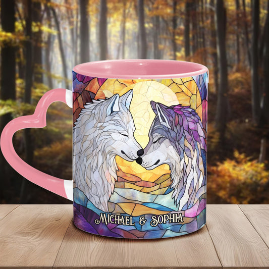 Loup Il me protège Elle me garde sauvage - Mug personnalisé pour couple avec anse en forme de cœur