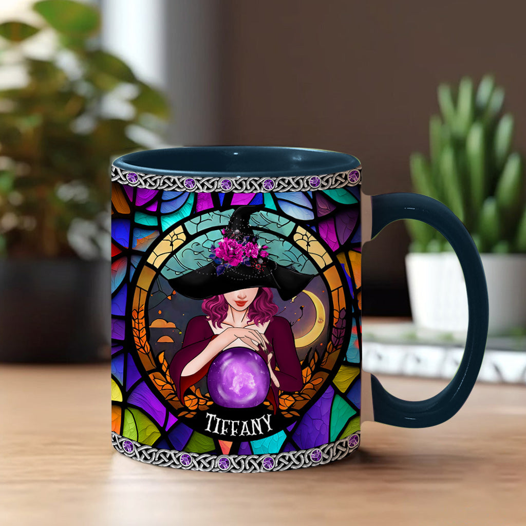 Mug personnalisé à motif sorcière, en vitrail violet mystique