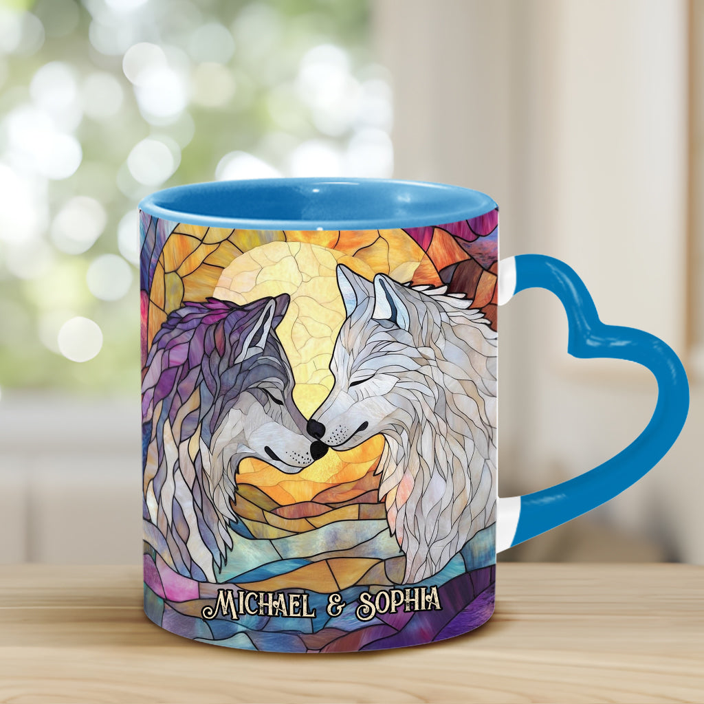 Wolf He Keeps Me Safe She Keeps Me Wild - Personalized Couple Heart Handle Mug
