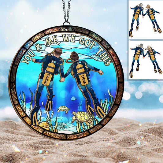 On s'en occupe ! – Attrape-soleil personnalisé à suspendre à une fenêtre, motif plongée sous-marine, double couche