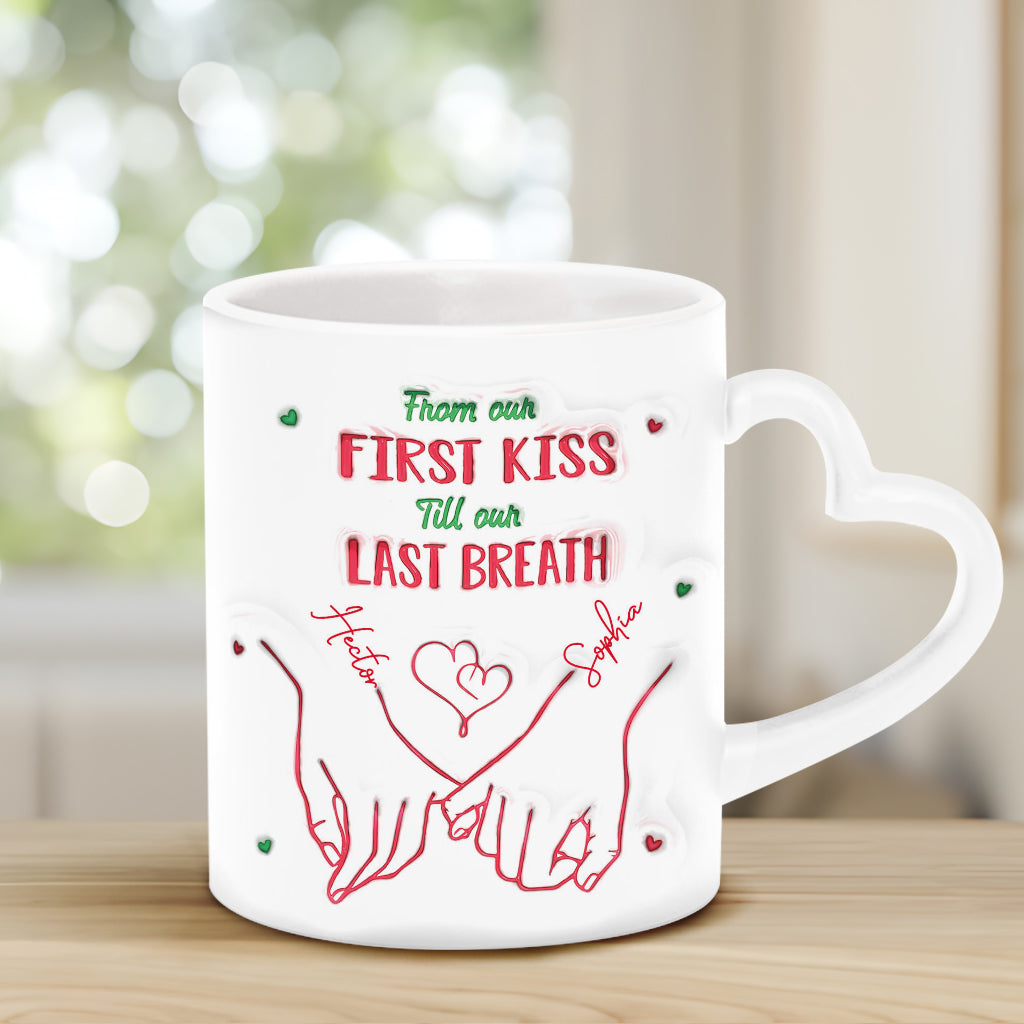 De notre premier baiser à notre dernier souffle - Mug personnalisé pour couple avec anse en forme de cœur
