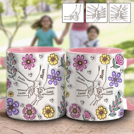 Mug personnalisé « Mamie, Grand-mère, Maman » avec fleur rose et mains jointes