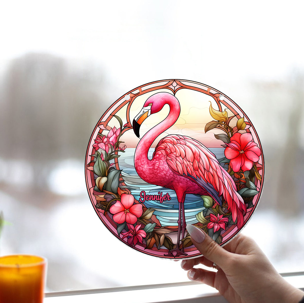 J'adore les flamants roses - Ornement attrape-soleil personnalisé à suspendre à la fenêtre, motif flamant rose 