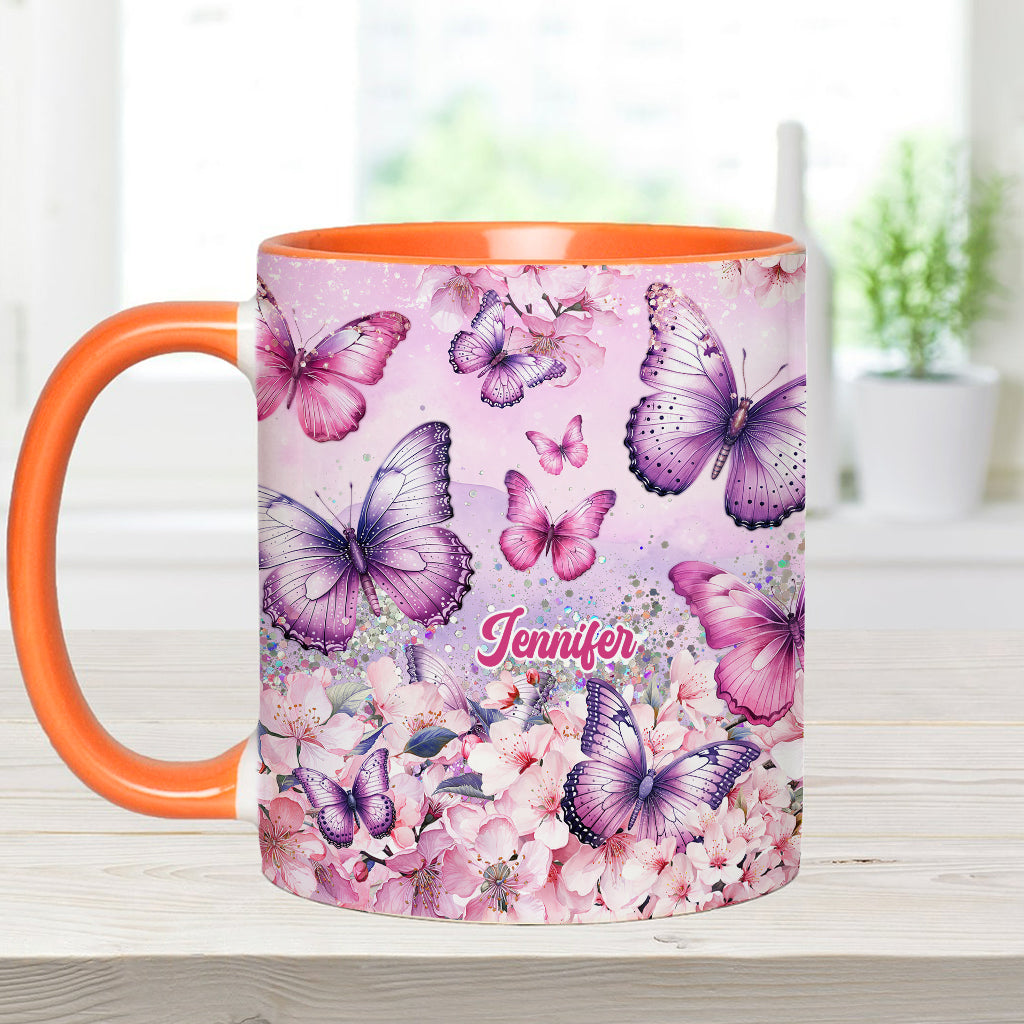 Mug personnalisé à motif papillon rose et floral
