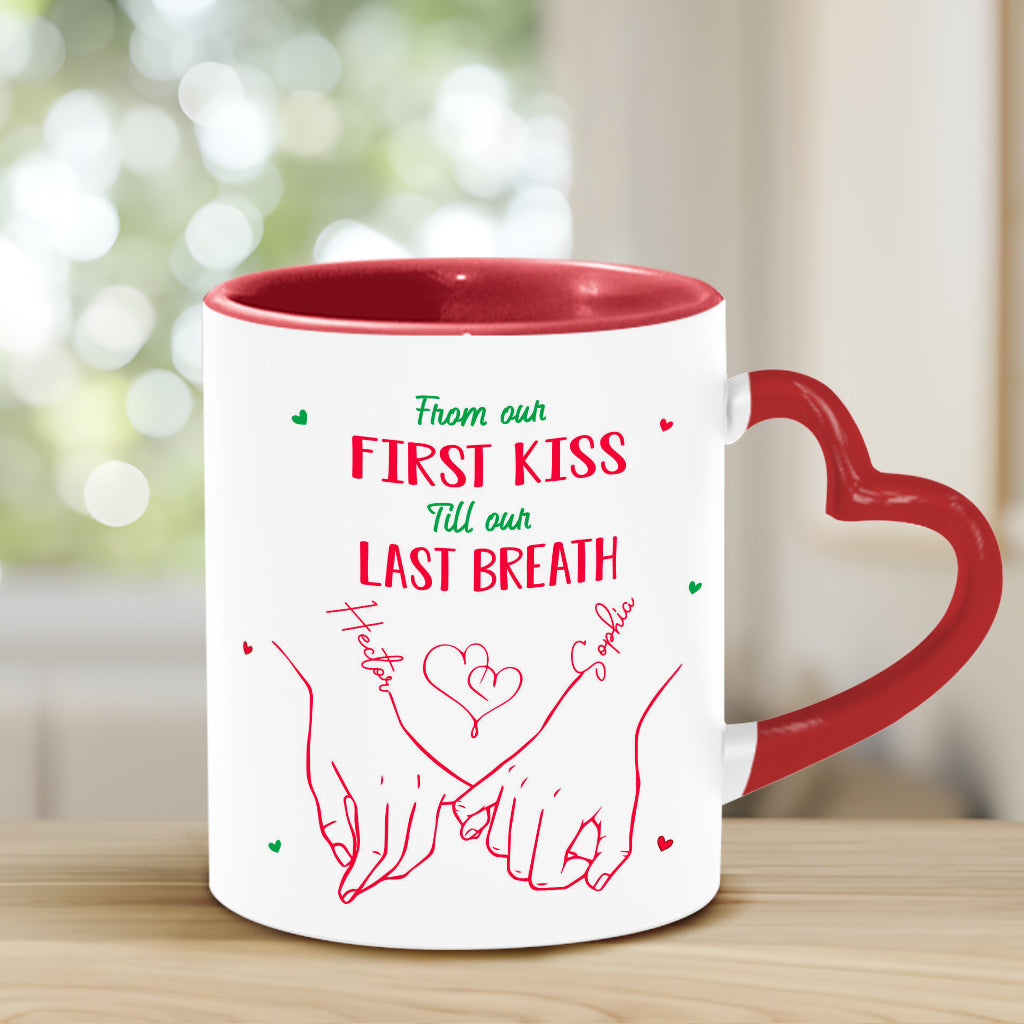 De notre premier baiser à notre dernier souffle - Mug personnalisé pour couple avec anse en forme de cœur
