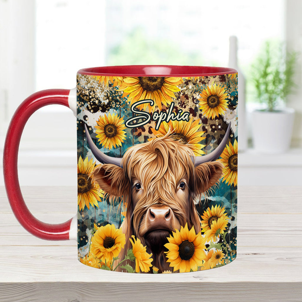 Mug personnalisé « Vache des Highlands parmi les tournesols »