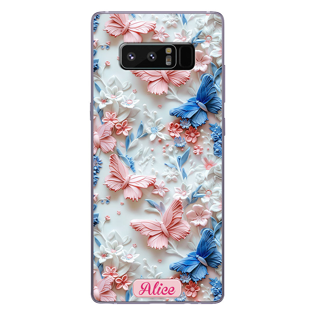 Coque de téléphone transparente personnalisée avec papillons roses et bleus