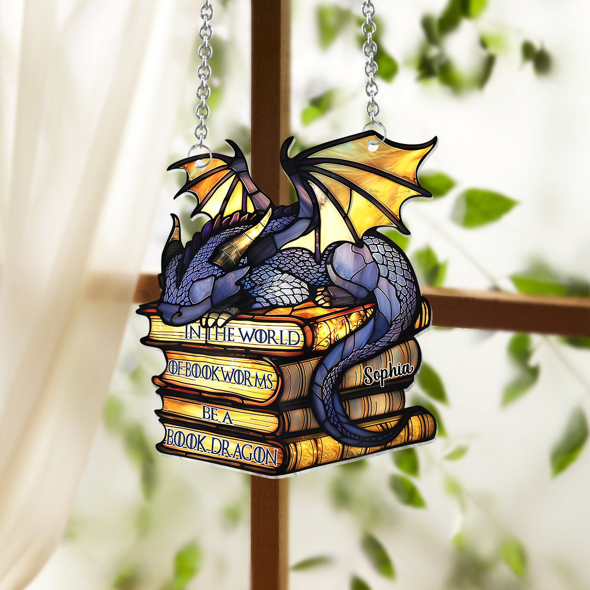 Dans le monde des amoureux des livres, soyez un dragon des livres ! - Décoration attrape-soleil personnalisée en forme de livre à suspendre à la fenêtre 