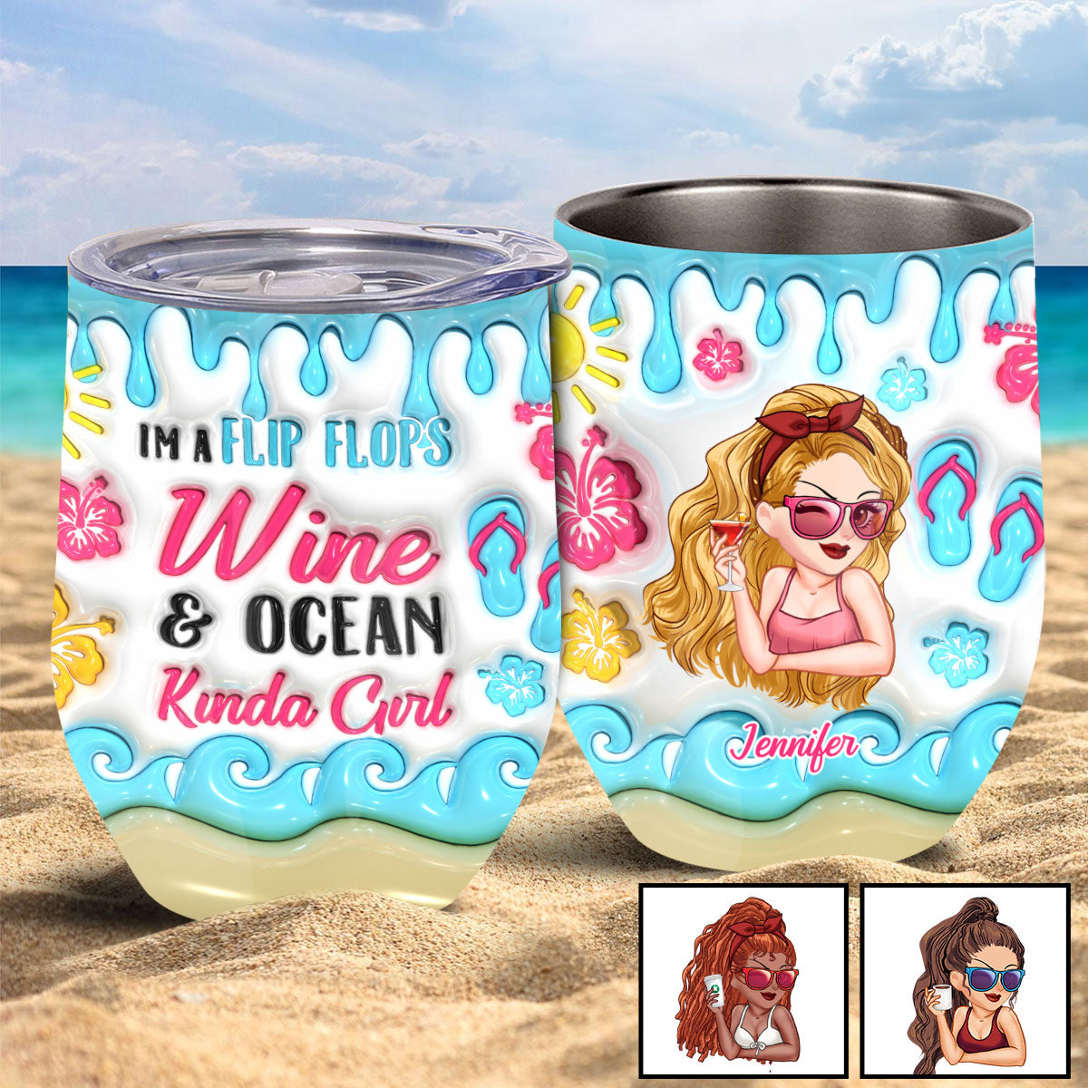 Je suis une fille en tongs et amoureuse de l'océan - Gobelet à vin personnalisé pour les passionnés de la mer