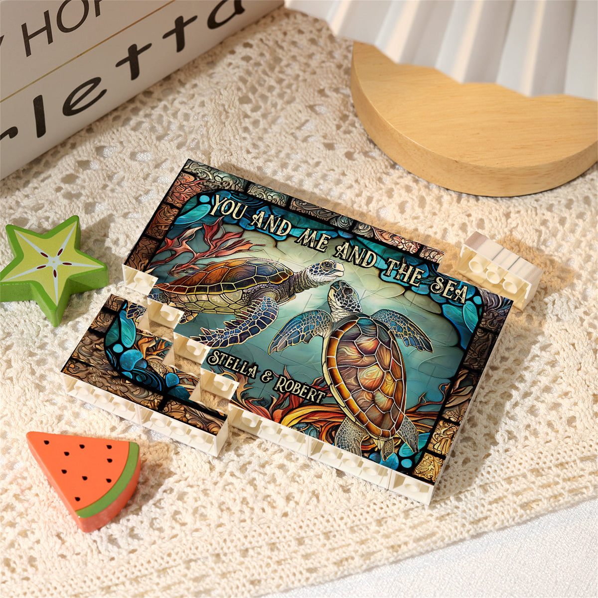 Beautiful Turtle Stained Glass You And Me - Personalized Turtle One-sided Horizontal Rectangle Building Brick Blocks