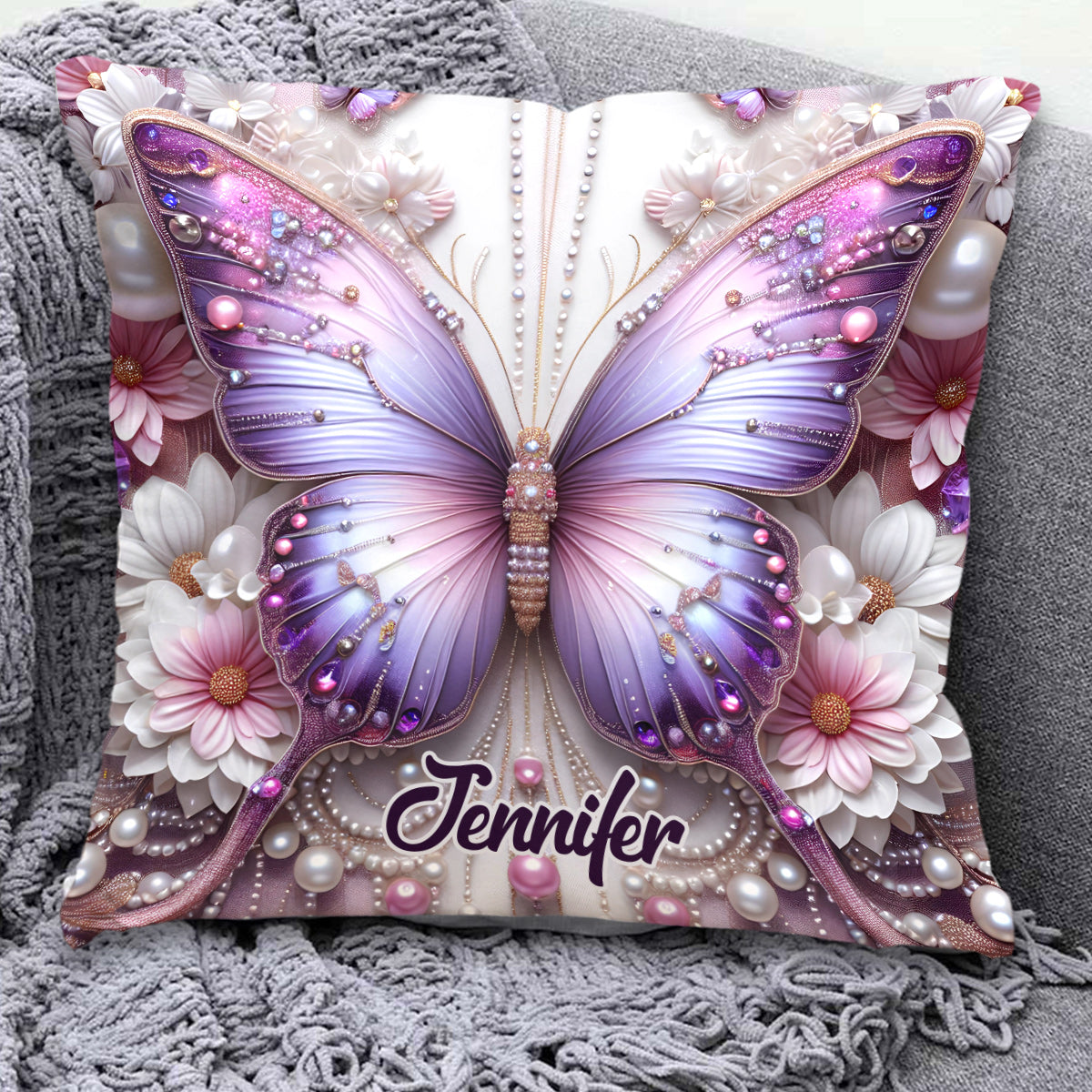 Coussin décoratif papillons violets personnalisé