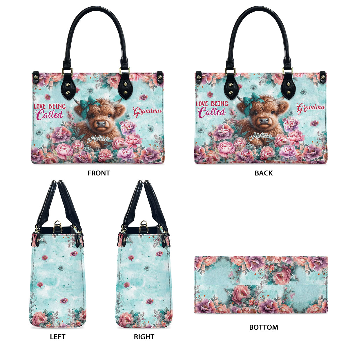 Sac à main en cuir personnalisé « J'adore qu'on m'appelle Mamie Highland Cow »