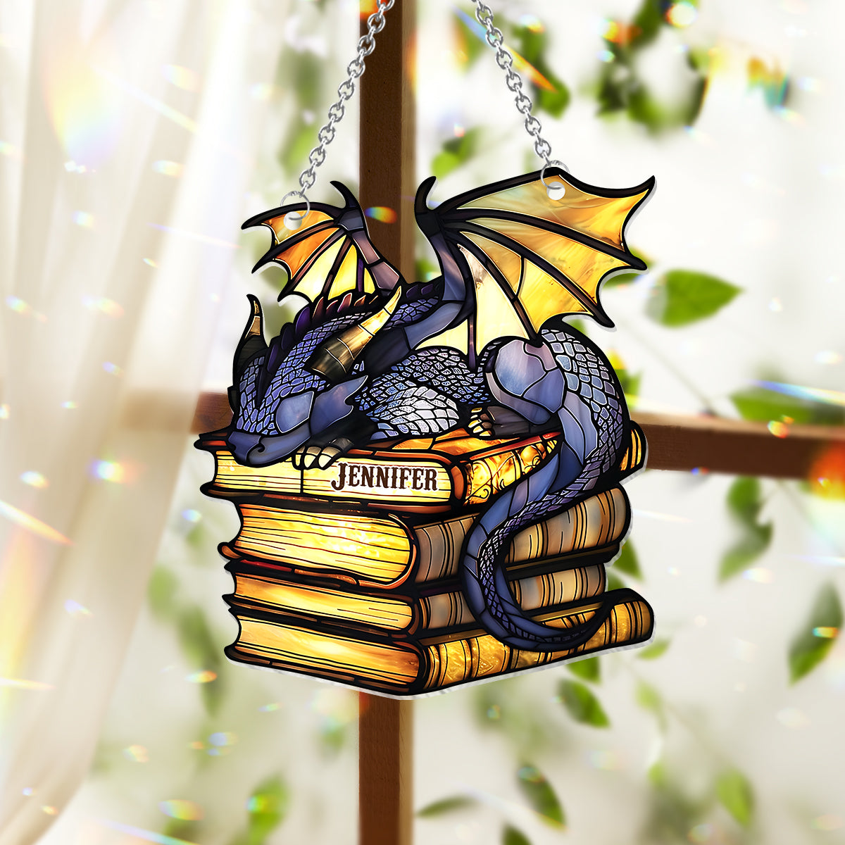 Je ne suis pas un rat de bibliothèque, je suis un dragon des livres ! - Attrape-soleil personnalisé à suspendre à la fenêtre en forme de livre 