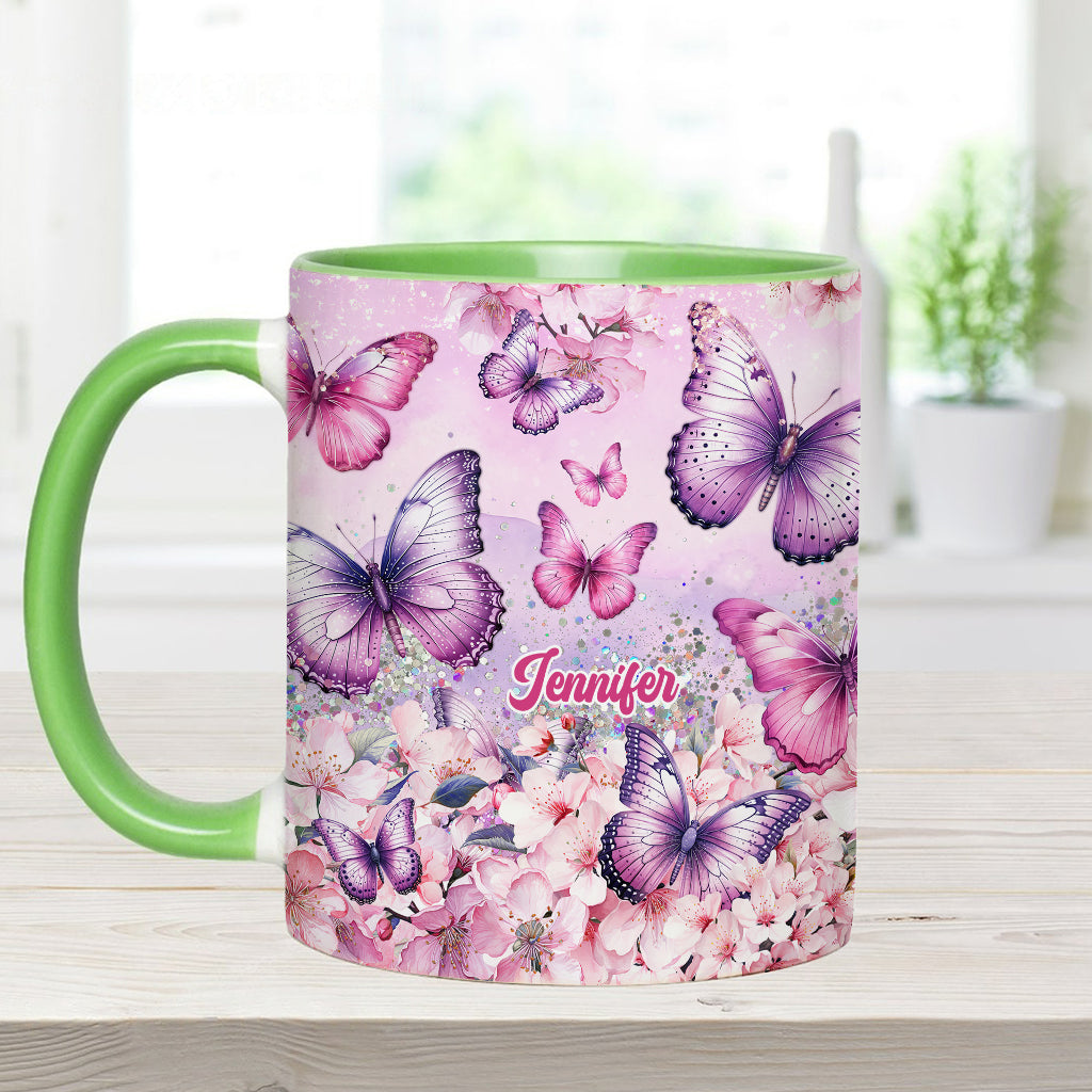 Mug personnalisé à motif papillon rose et floral