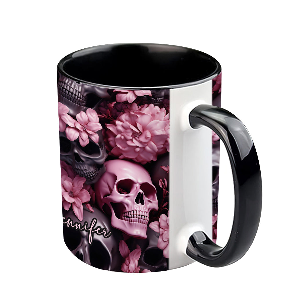 Pink Flowers Black Skulls - Personalized Skull Accent Mug